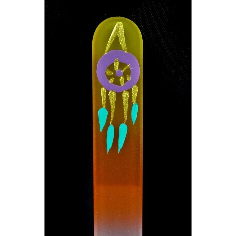 Glass Nail File Dream Catcher Czech Crystal Orange Colored Hand Painted Medium